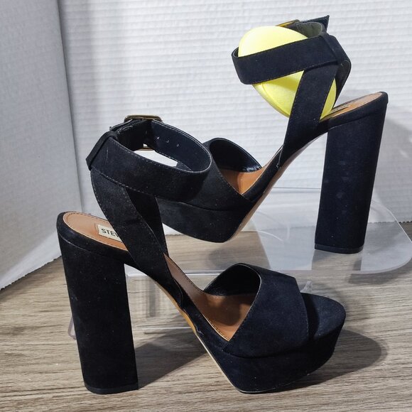 Steve Madden Kali Chunky Heels women's size 8.5 black flocked fabric - Picture 2 of 11